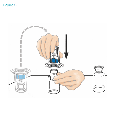 Hands connecting the Mix 2 Vial device on top of the diluent vial stopper.