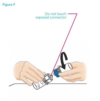 Hands disconnecting the two Mix 2 Vials. Do not touch exposed connector.