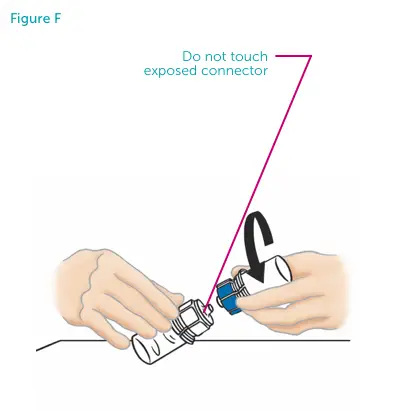 Hands disconnecting the two Mix2Vials. Do not touch exposed connector.