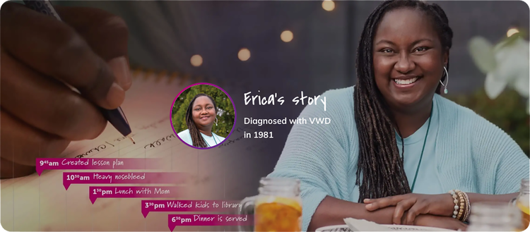 Image of real patient, Erica, who was diagnosed with VWD in 1981.